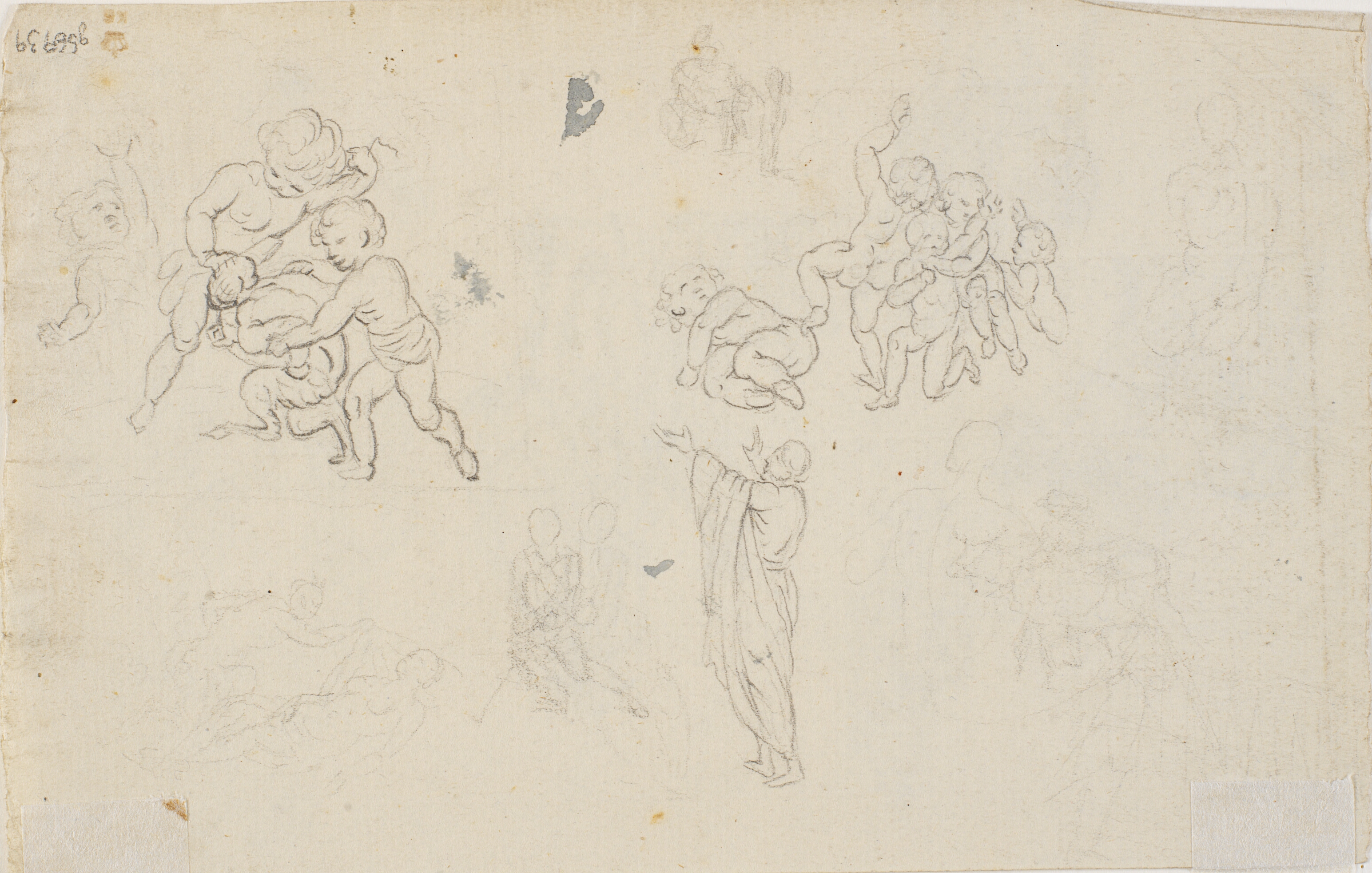 Skitser med legende drenge (engle og en djævel?) samt en stående figur med udbredte arme